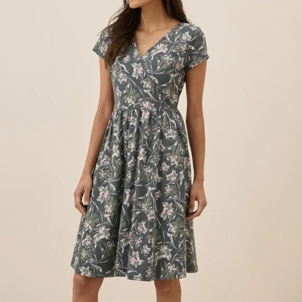 Pact Green Floral Wrap-Style Mini Dress with Pink Accents